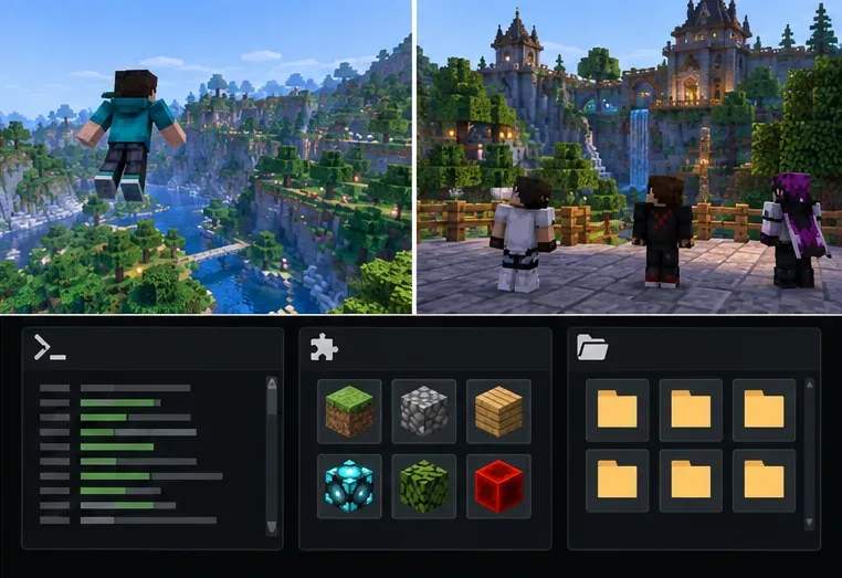 ภาพกราฟิกเปรียบเทียบแสดงผู้เล่น Minecraft หนึ่งคนเทียบกับผู้เล่นหลายคน พร้อมด้วยไอคอนบันทึกเซิร์ฟเวอร์ ปลั๊กอิน และโฟลเดอร์
