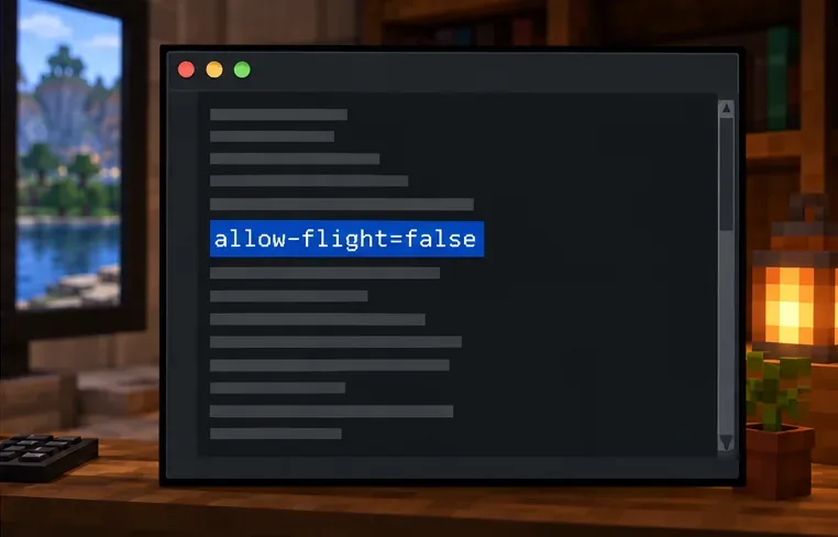 ไฟล์ server.properties ที่เป็นข้อความธรรมดา โดยมีการเลือกบรรทัด allow-flight=false ไว้