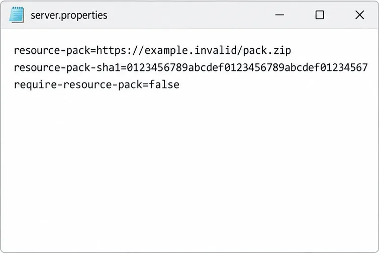 server.properties example with resource-pack URL, SHA-1 value, and require-resource-pack setting