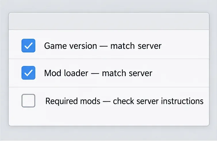 Compatibility checklist for game version, mod loader, and required mods