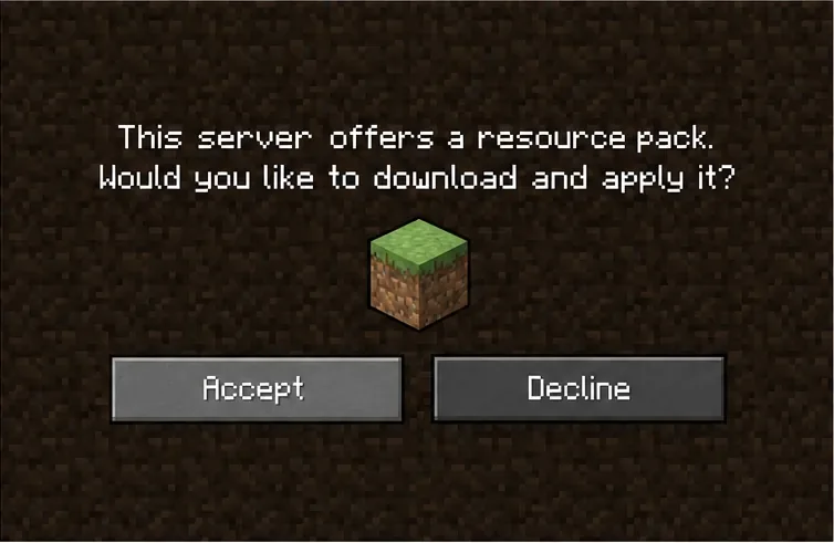 Minecraft Java Edition server resource-pack prompt with Accept and Decline buttons