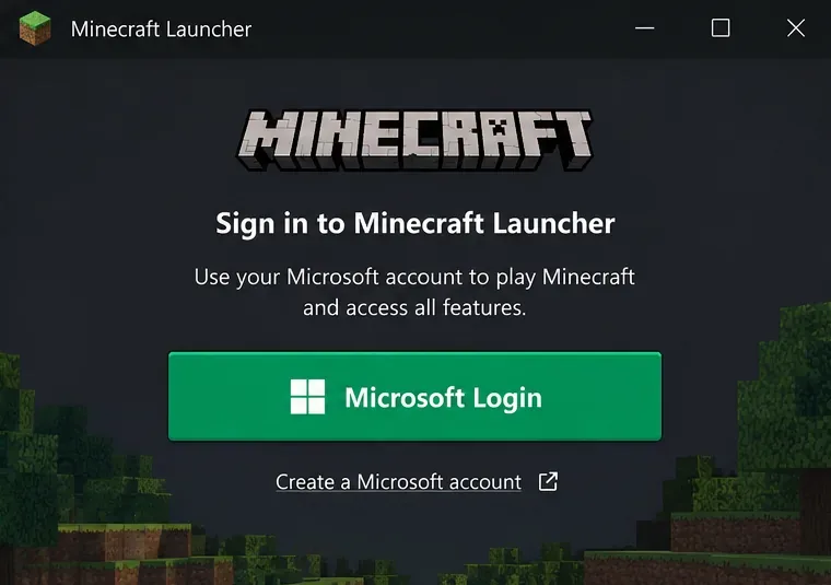 Het Minecraft Launcher-scherm toont de Microsoft-aanmeldingsknop.