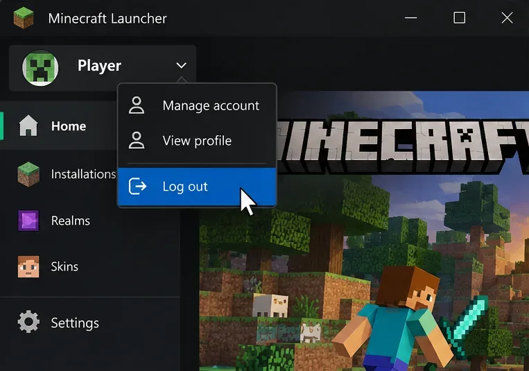 Minecraft Launcher-account dropdownmenu met de optie 'Uitloggen' gemarkeerd.