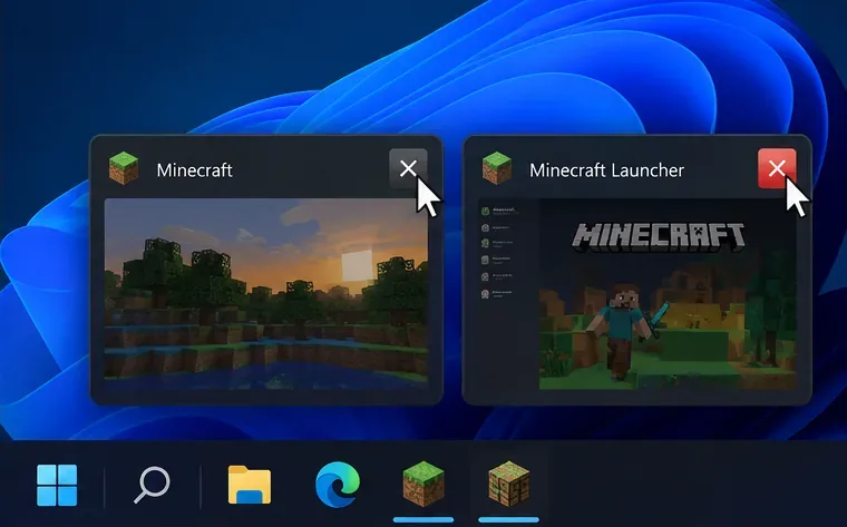 Twee aparte Windows-vensters voor Minecraft en Minecraft Launcher, waarbij de sluitknoppen zijn gemarkeerd.