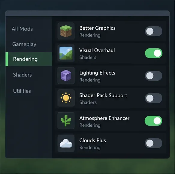 Illustrative generic mod settings list with separate rendering and shader toggles, showing components can be isolated one at a time.