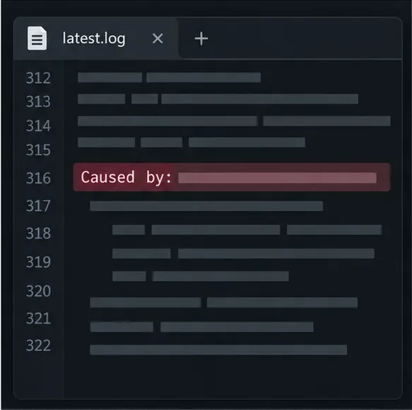 Illustrative latest.log text editor with the standard phrase “Caused by:” highlighted among abstract log lines.