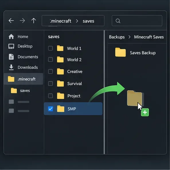 Illustrative file manager showing a selected Minecraft saves folder being copied to a separate backup folder.