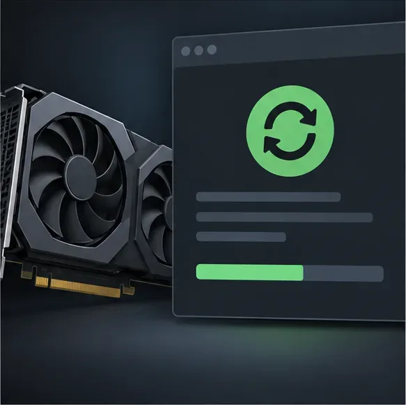 Illustrative graphics card beside a generic driver update panel without a vendor logo or version number.