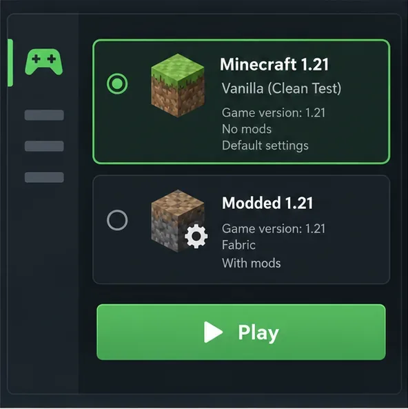 Illustrative launcher profile chooser with separate clean Minecraft 1.21 and modded 1.21 profiles.