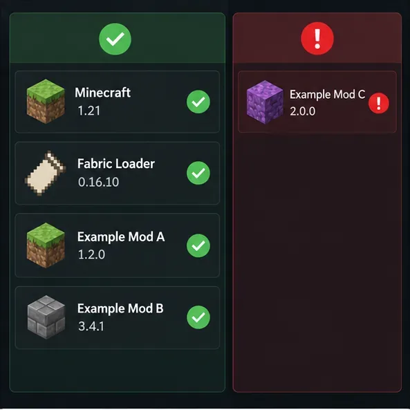 Illustrative compatibility checklist with Minecraft 1.21, Fabric Loader, matching sample mods, and one sample mod in a warning column.