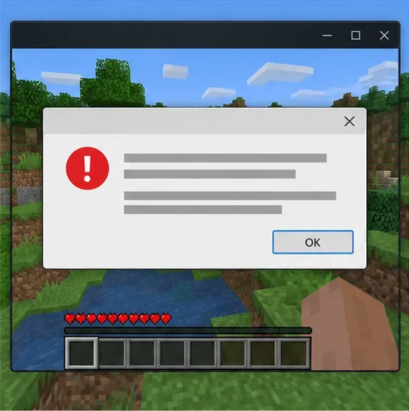 Illustrative generic Minecraft-style crash dialog over a block world; record the complete error wording before troubleshooting.