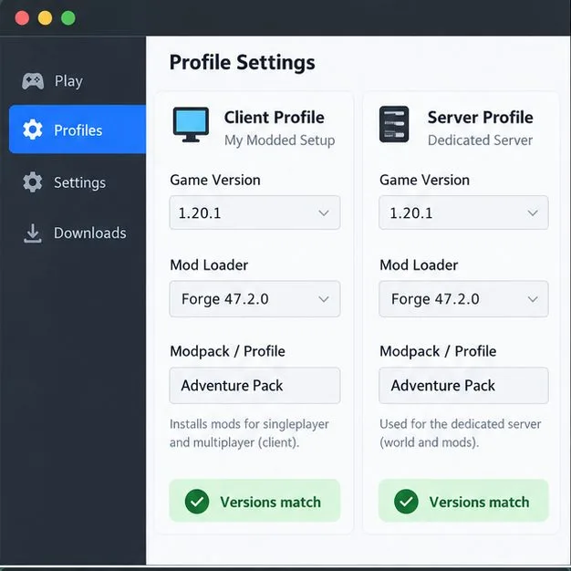 Illustration of client and server profile panels showing matching Minecraft, loader, and modpack fields