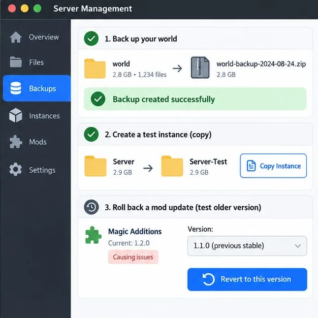 Illustration of backing up a Minecraft world, creating a test server copy, and testing a mod rollback