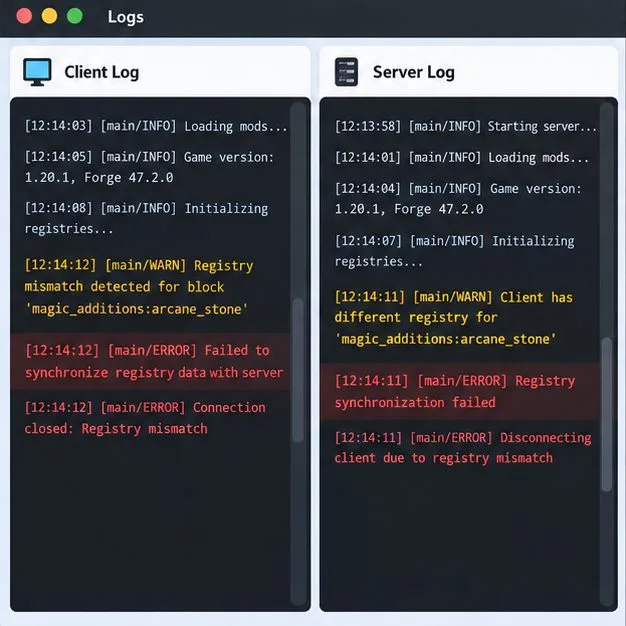 Schematic side-by-side client and server log panels with a registry warning and sync failure highlighted