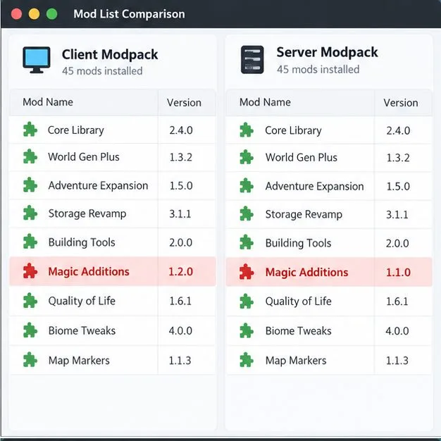 Illustration of two modpack lists with one shared mod version highlighted as different