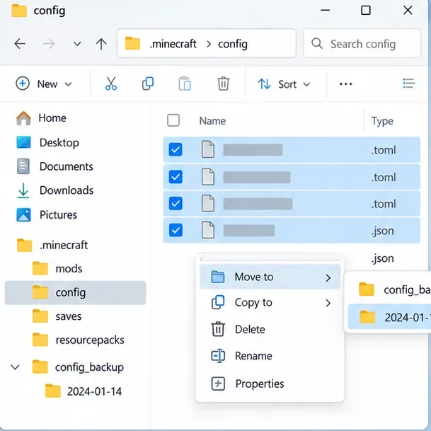 Mai multe fișiere de configurare selectate pentru copiere într-un folder separat de rezervă datat