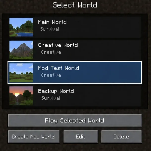 O lume de testare creativă separată, selectată într-o listă de lumi în stil Minecraft