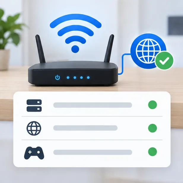 เราเตอร์ Wi-Fi ในบ้านอยู่เหนือรายการตรวจสอบบริการอย่างง่ายที่มีจุดแสดงสถานะสีเขียว