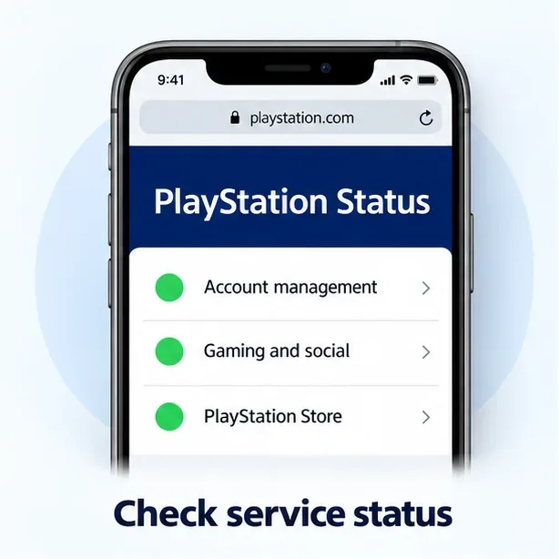 Illustratief telefoonscherm met de kop 'PlayStation', service-rijen en groene statusindicatoren.