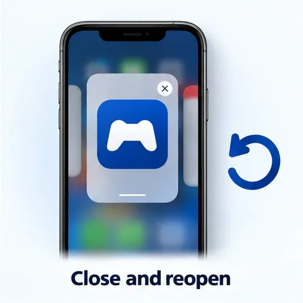 Illustratieve smartphone-appkaart met een sluitknop en een herstartpijl.