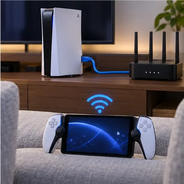 A PS5 is wired to a Wi-Fi router while a PlayStation Portal connects over Wi-Fi.