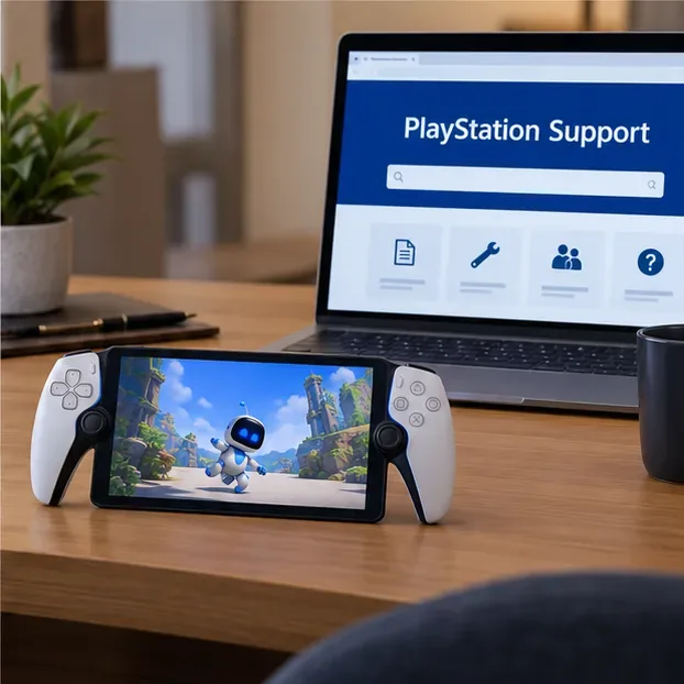 A PlayStation Portal sits beside a laptop displaying PlayStation Support.