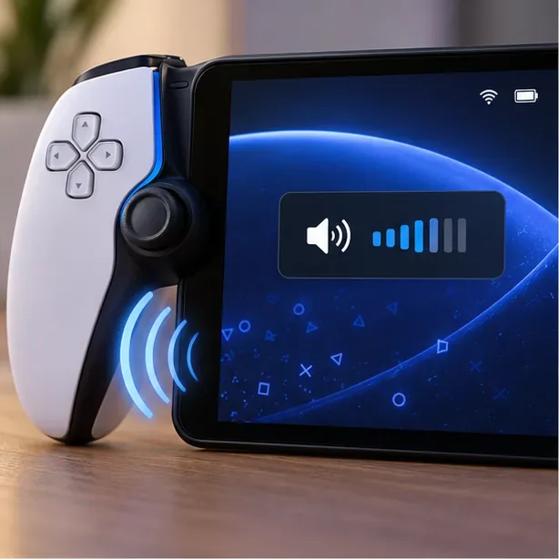 PlayStation Portal volume control overlay is visible while its built-in speaker is being tested.