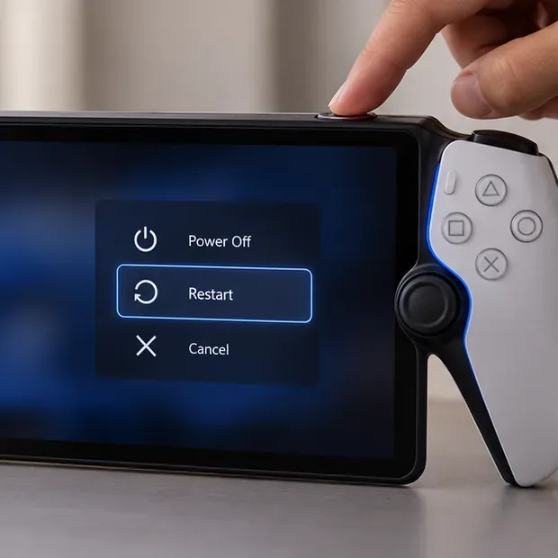 A finger selects Restart in the PlayStation Portal power menu.