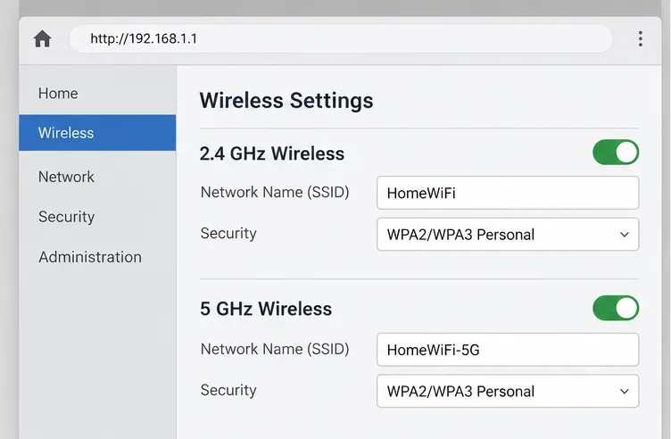 การตั้งค่าเราเตอร์ไร้สายทั่วไป โดยเปิดใช้งานเครือข่าย 2.4 GHz และ 5 GHz แยกต่างหาก