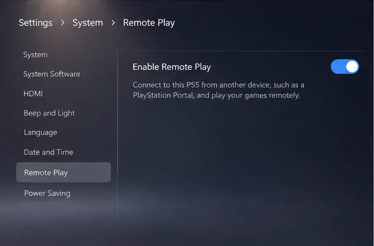 ภาพประกอบการตั้งค่า Remote Play ของ PS5 แสดงให้เห็นว่าได้เปิดใช้งาน Remote Play แล้ว
