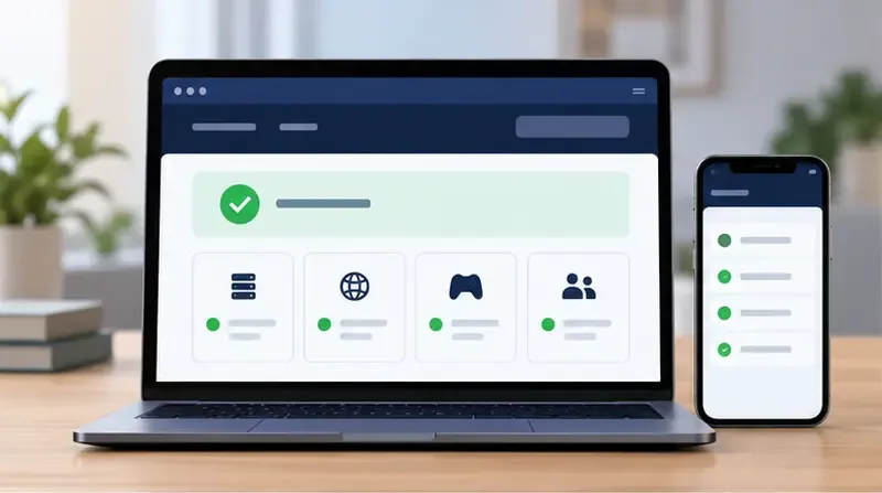 Laptop and phone displaying a generic service-status dashboard with green status indicators