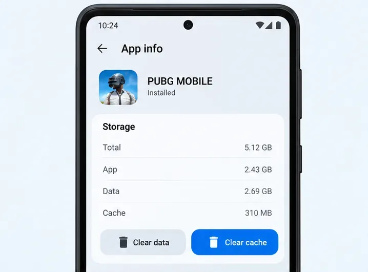 หน้าจอแสดงพื้นที่จัดเก็บข้อมูลของแอป PUBG MOBILE โดยมีตัวเลือก "ล้างแคช" ถูกไฮไลต์อยู่