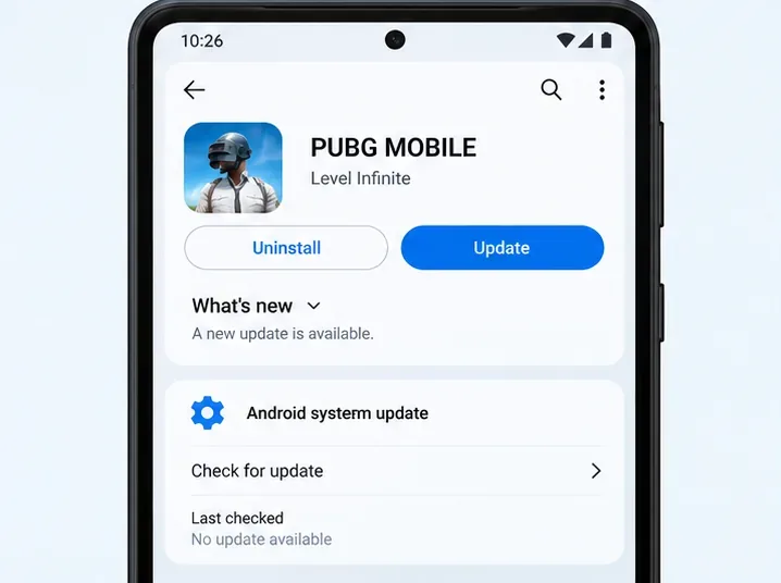 โทรศัพท์ Android ที่แสดงการ์ดแจ้งเตือนการอัปเดตแอป PUBG MOBILE อย่างเป็นทางการ และหน้าการตั้งค่าการอัปเดตระบบ