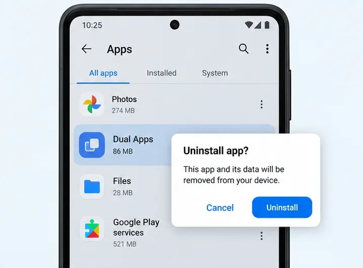 รายการแอป Android ที่มีแอปสำหรับโคลนนิ่งหรือแอปสร้างพื้นที่เสมือนถูกเลือกเพื่อลบออก