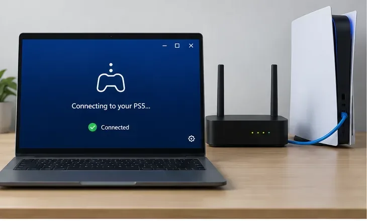 เครื่อง PS5 ที่เชื่อมต่อกับเราเตอร์บ้านด้วยสายอีเธอร์เน็ต วางอยู่ข้างๆ แล็ปท็อปที่กำลังแสดงหน้าจอการเชื่อมต่อ Remote Play