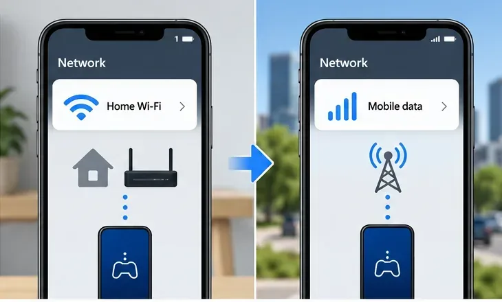 ภาพแสดงการเปรียบเทียบการเชื่อมต่อ Wi-Fi ที่บ้านกับการเชื่อมต่อข้อมูลมือถือสำหรับการใช้งาน Remote Play บนโทรศัพท์