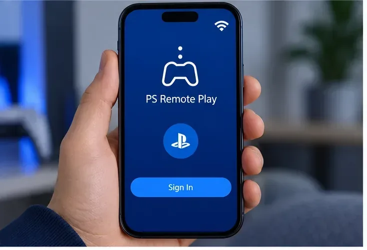 โทรศัพท์ที่แสดงหน้าจอเข้าสู่ระบบ PS Remote Play