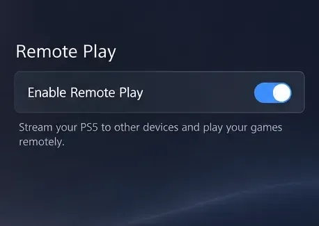 ภาพประกอบการตั้งค่า Remote Play ของ PS5 แสดงให้เห็นว่าได้เปิดใช้งาน Remote Play แล้ว