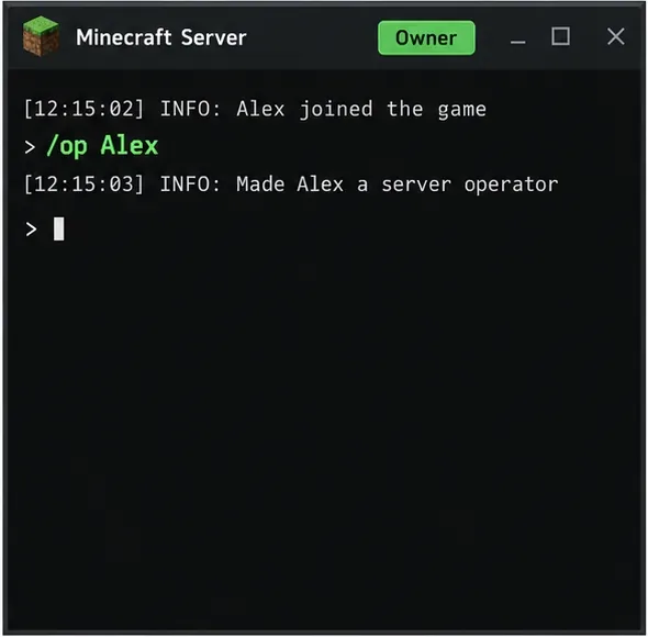 Minecraft server console illustration showing an owner running the op Alex command to grant operator status
