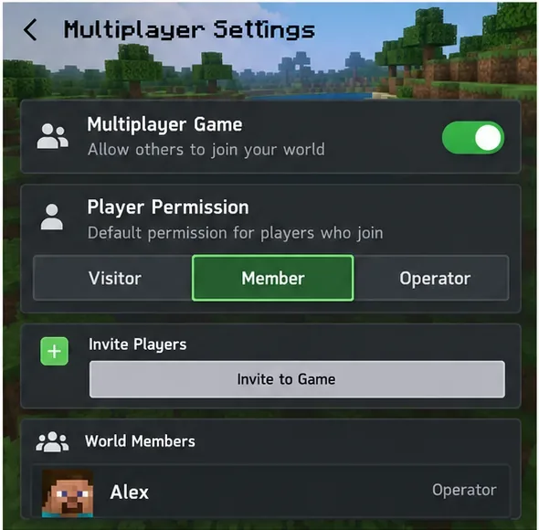 Minecraft Bedrock multiplayer settings illustration showing multiplayer enabled, player permission levels, and member management