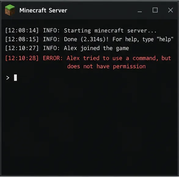 Minecraft server console illustration showing a player joined successfully but a command was denied