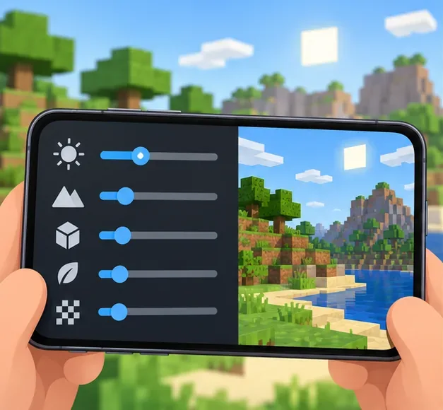 A phone displays simplified graphics sliders beside a blocky landscape, illustrating a temporary reduction in visual settings.