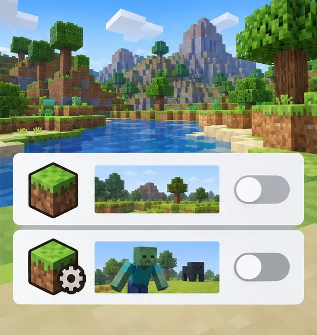 A block-world preview sits beside two inactive add-on switches, illustrating a clean test with optional packs disabled.
