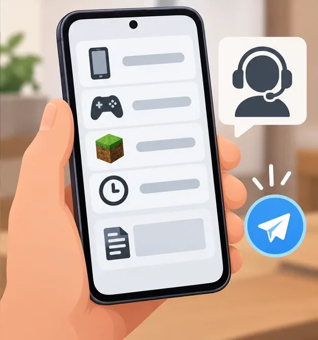 A phone displays icon-only report fields beside a support representative symbol, illustrating the details to collect for a crash report.