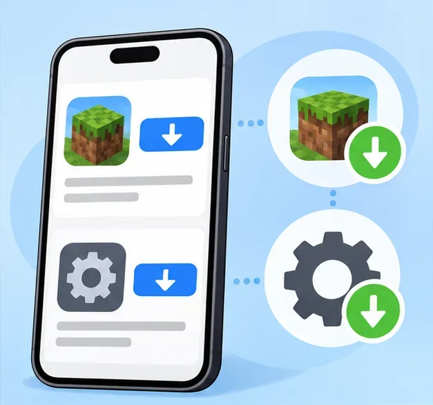 A smartphone shows generic game-app and system update symbols, illustrating a check for official updates.