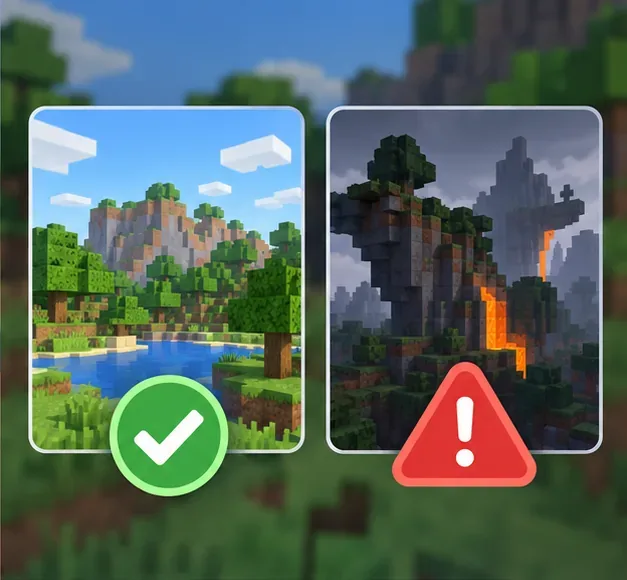 Two block-world previews compare a stable new world with a warning-marked affected world, illustrating a save-by-save test.