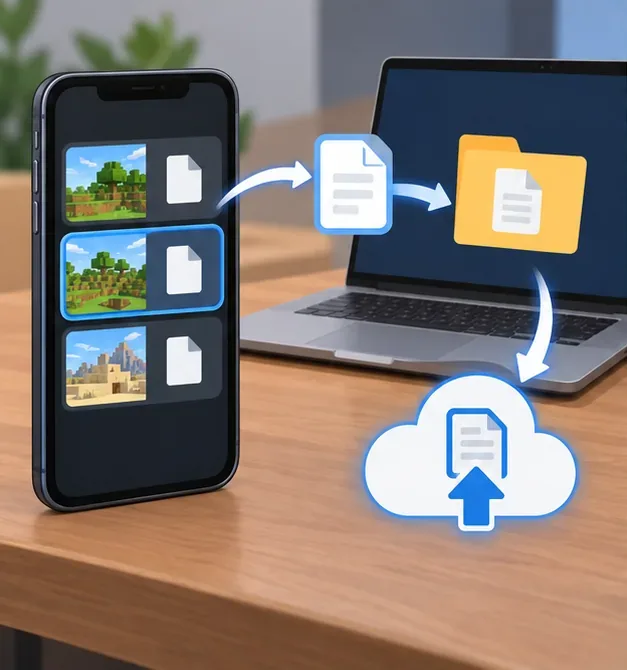 World files move from a phone to a computer and cloud backup before a fresh installation, illustrating backup-first recovery.