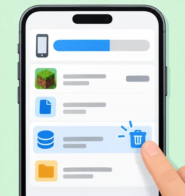 A generic phone storage screen highlights temporary cache beside a storage bar, illustrating a cache-only check.