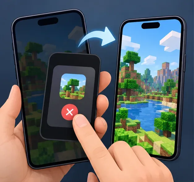 A phone switches from a frozen block-building game screen to a working world view, illustrating a close-and-reopen restart.