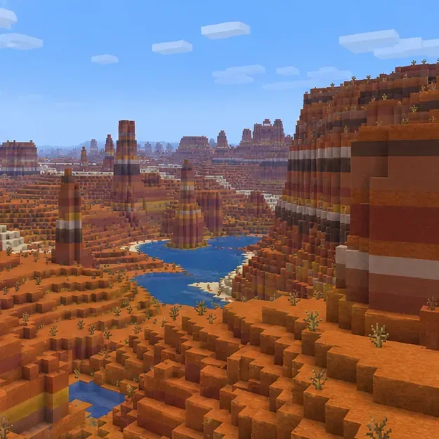 A separate Badlands landscape with normal terracotta colors for comparison in a clean vanilla test world.